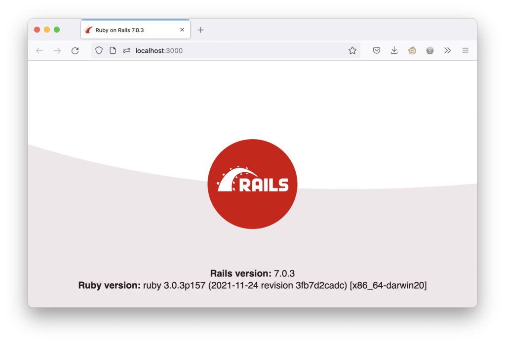 Screenshot of the browser on localhost 3000 showing the rails intro page